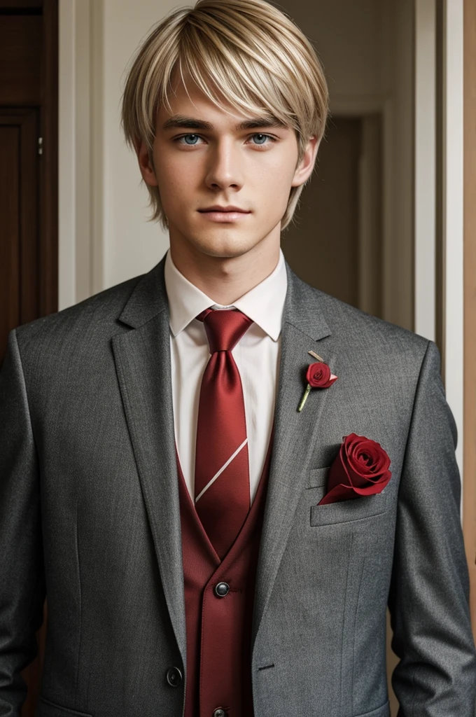 Joanne Harcourt is a young male student. He has straight silver-blonde hair, cut to chin length, and side bangs that usually cover one of his red eyes. His typical attire consists of a suit and a tie, as part of his . After he becomes the Prefect's Fag of the Red House, he starts to wear the dorm flower—a rose—in the buttonhole of his jacket.