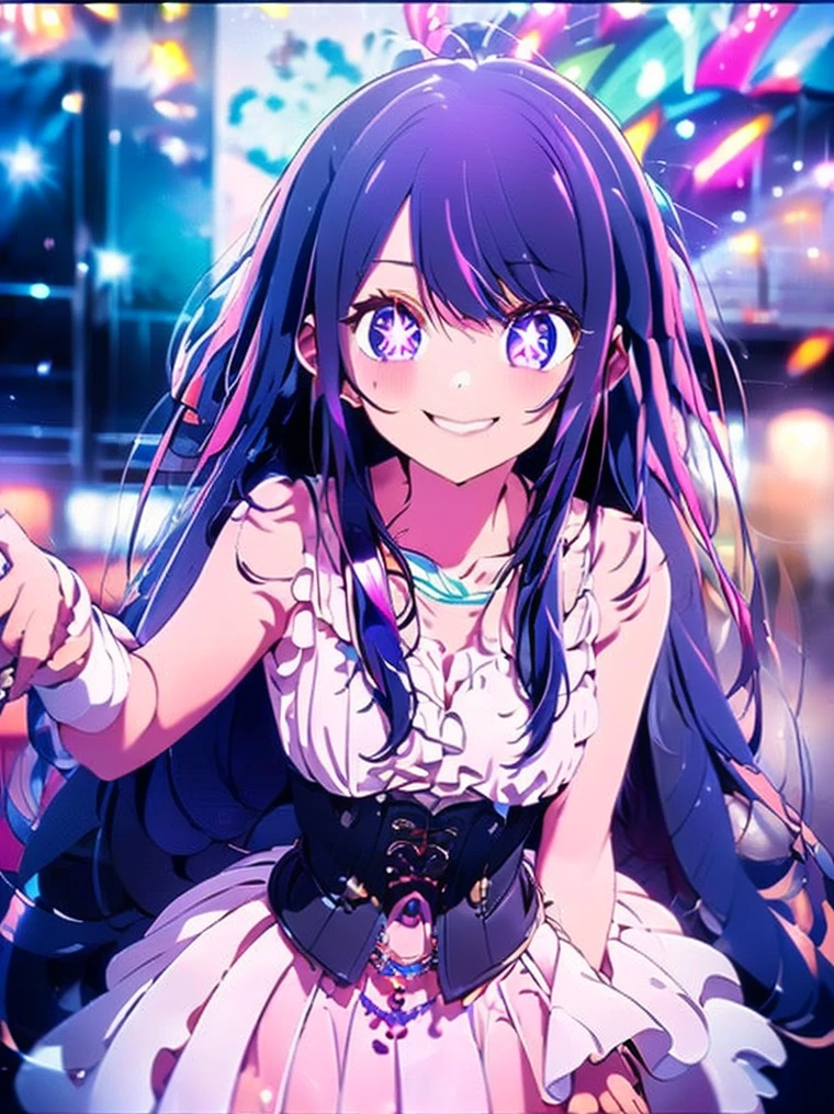 ((masterpiece)), (((HDR))), ((best quality)), (ultra high quality), (hi-res), ((1 anime girl)), Hoshino Ai, (((sparkling eyes))), beautiful eyes, detailed eyes, ((teen)), ((purple hair)), (bangs), (side pony), (((medium breast))), (((zettai ryouiki))), ((happy expression)), (smile), cute, looking at viewer, (skirt), (idol clothes), (corset), (short-sleeved), armpit, in the city, inside, (on stage), concert, glowsticks, crowd, concert lights, ((cowboy shot)),