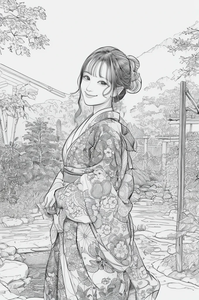Please create a realistic ukiyo-e illustration of a cute, smiling woman in a kimono that conveys Japanese culture in various poses with (a Japanese garden in the background:1.5), using a simple black and white coloring book that even children can do. The illustration is a illustration with detailed facial features and cartoon-style visuals, (high contrast, sketch, monochrome, clean line drawings for coloring book:1.5)
