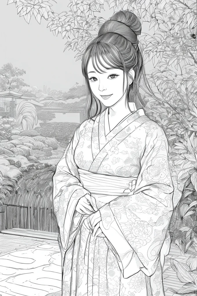 Please create a realistic ukiyo-e illustration of a cute, smiling woman in a kimono that conveys Japanese culture in various poses with (a Japanese garden in the background:1.5), using a simple black and white coloring book that even children can do. The illustration is a illustration with detailed facial features and cartoon-style visuals, (high contrast, sketch, monochrome, clean line drawings for coloring book:1.5)