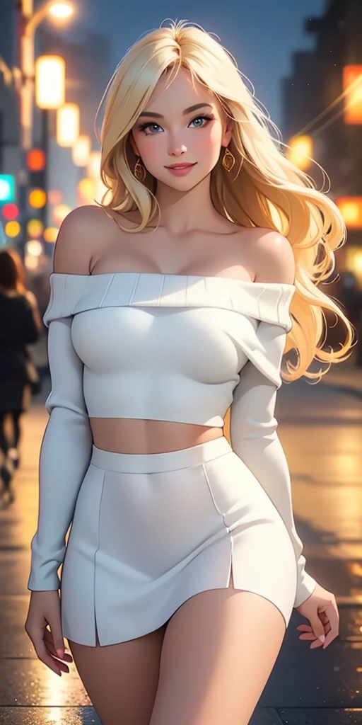 (best quality, ultra-detailed, photorealistic: 1.39), face of a 30 year old girl in love with , bright and vibrant colors, studio lighting, romantic expression, beautiful detailed off-shoulder black sweater:1.2 , sensual white mini skirt, elegant makeup, long blonder hair flowing in the wind, attractive eyes, lips bright, sexy pose, utiful roses, smiling confidently and seductively, posing for a professional photo shoot, shallow depth of field, soft natural lighting, creating a dreamy and magical atmosphere. on the street, night