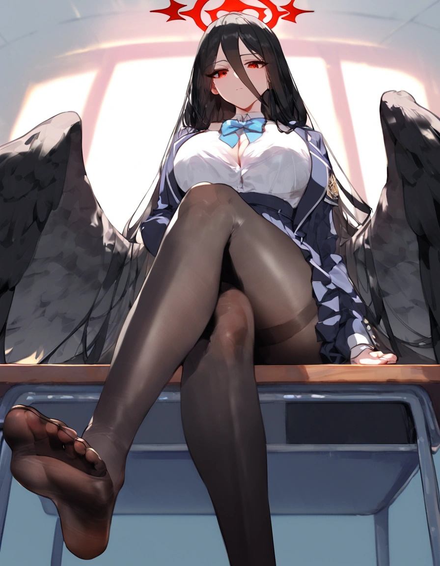 score_9, score_8_up, score_7_up, score_6_up, 1girl, , at school, sit on desk, hasumi \(blue archive\), rhalo, black hair, long hair, hair between eyes, very long hair, , big breas  black wings, , alternate costume, school outfit,,,, ,pantyhose, below v,, detailed foots, foot focus,sit, foots to viewer, crossed legs