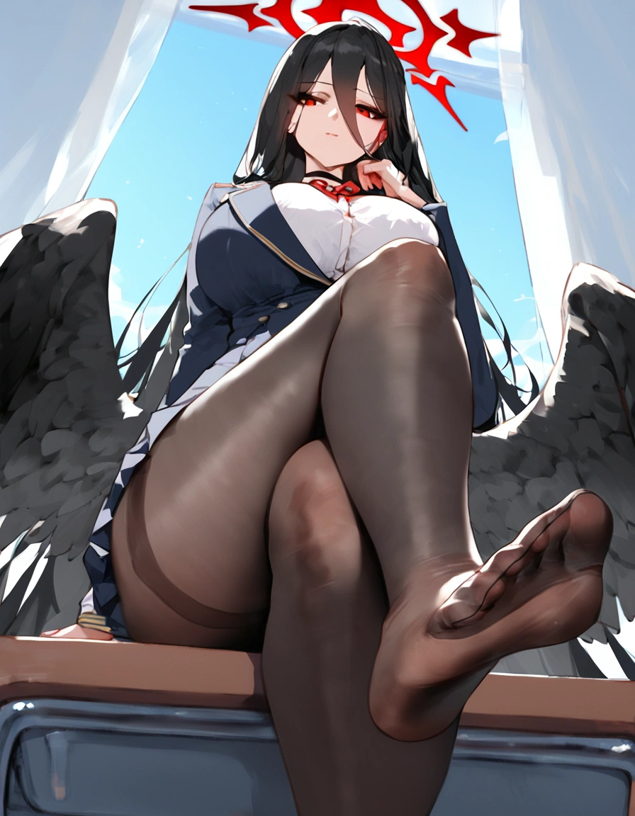 score_9, score_8_up, score_7_up, score_6_up, 1girl, breasts, at school, sit on desk, hasumi \(blue archive\), rhalo, black hair, long hair, hair between eyes, very long hair, , big breasts, she has black wings, , alternate costume, school outfit,,,, ,pantyhose, below view ,,, detailed foots, foot focus,sit, foots to viewer, crossed legs
