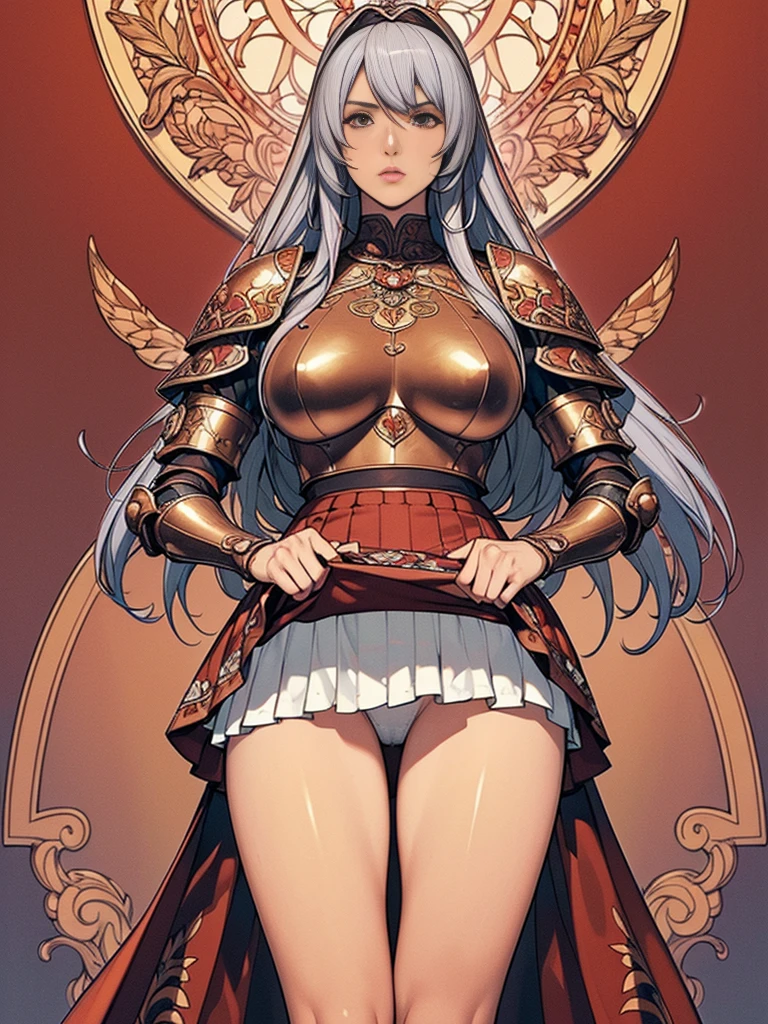 {best quality}, {very aesthetic}, {ultra-detailed}, {best illustration}, masterpiece,(((skirt lift:1.5))),((show off red color butterfly panties)),garter belt:1.2,((Holy Knight)), Smooth breastplate, ((Armor made of copper))、((((Extremely detailed and intricately decorated armour:1.1)))),Red Cowboy Shot,Smooth udder、Big Tits、(Golden Ratio,Tabletop, Highest quality, Highest quality, Official Art, beautifully、beautiful:1.2), Very detailed, colorful,Best details,An illustration, Great scene, (Adult,19 years old,One Girl, alone, Final Fantasy 12,Asheria:1.5, Asheria:1.5, Asheria:1.5, Curly Hair, Long Hair,Silver Hair:1.2,Asheria Costume:1.5, Asheria Costume:1.5, mini skirt,Knee socks, Thighs Thighs Thighs Thighs, gem, Blue Belt,Belt number 1),Course of action, A look of contempt ,from below:1.5,