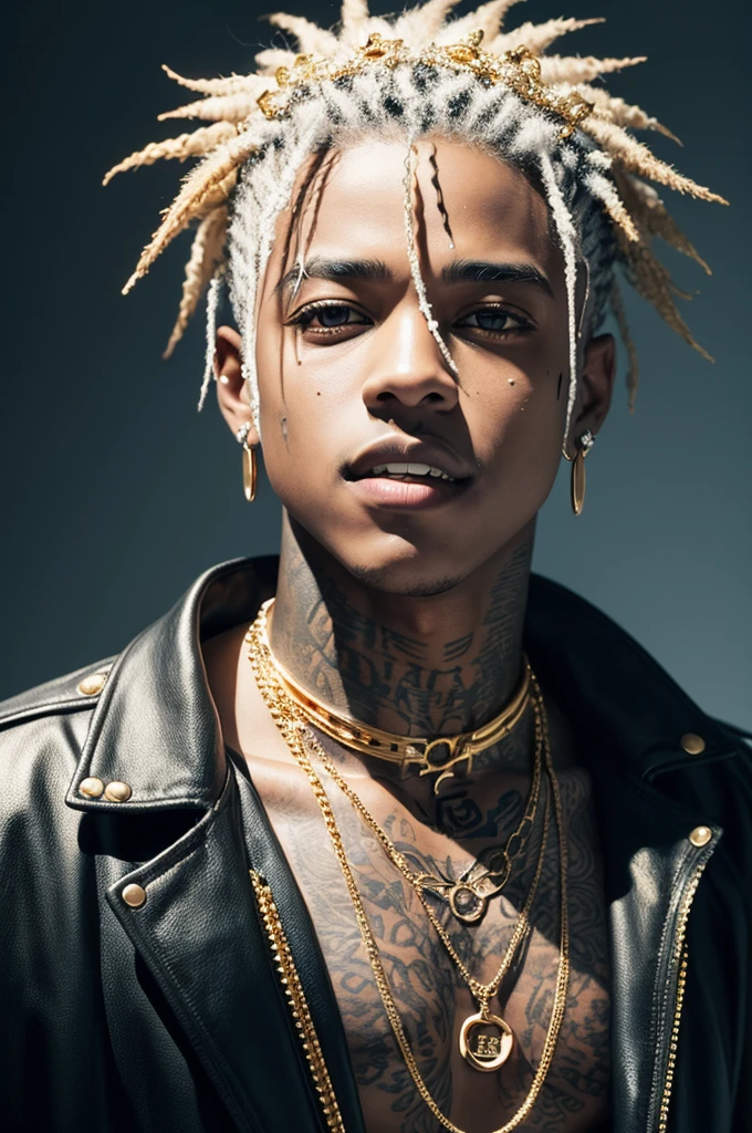 Create for me an image of XXXTENTACION with gold in his teeth and lots of diamonds studded in his neck 