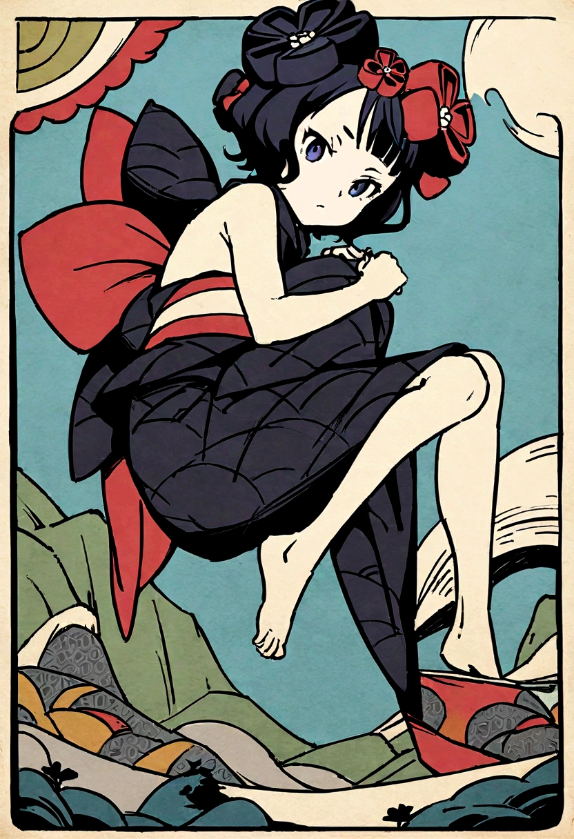 Akafuji、Blue sky、Katsushika Hokusai、high quality、high resolution、Ukiyo-e style、Girl climbing