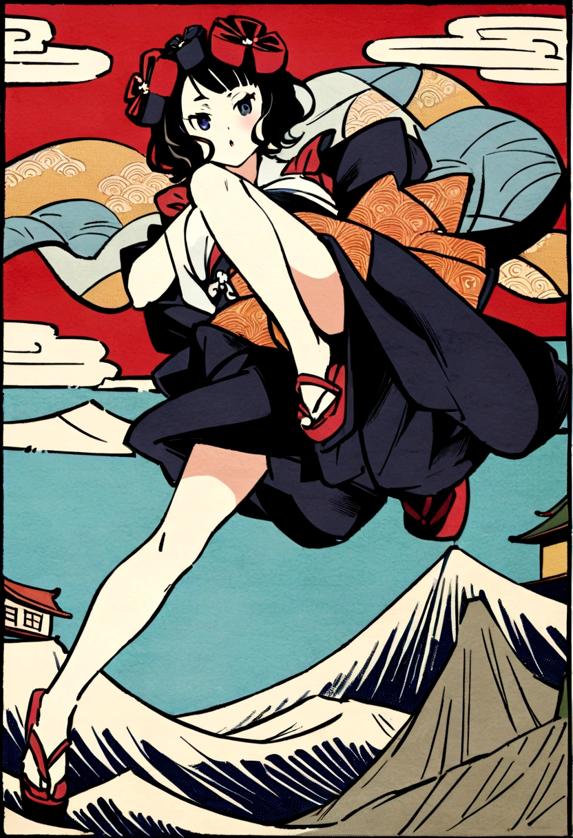 Akafuji、Blue sky、Katsushika Hokusai、high quality、high resolution、Ukiyo-e style、Girl climbing