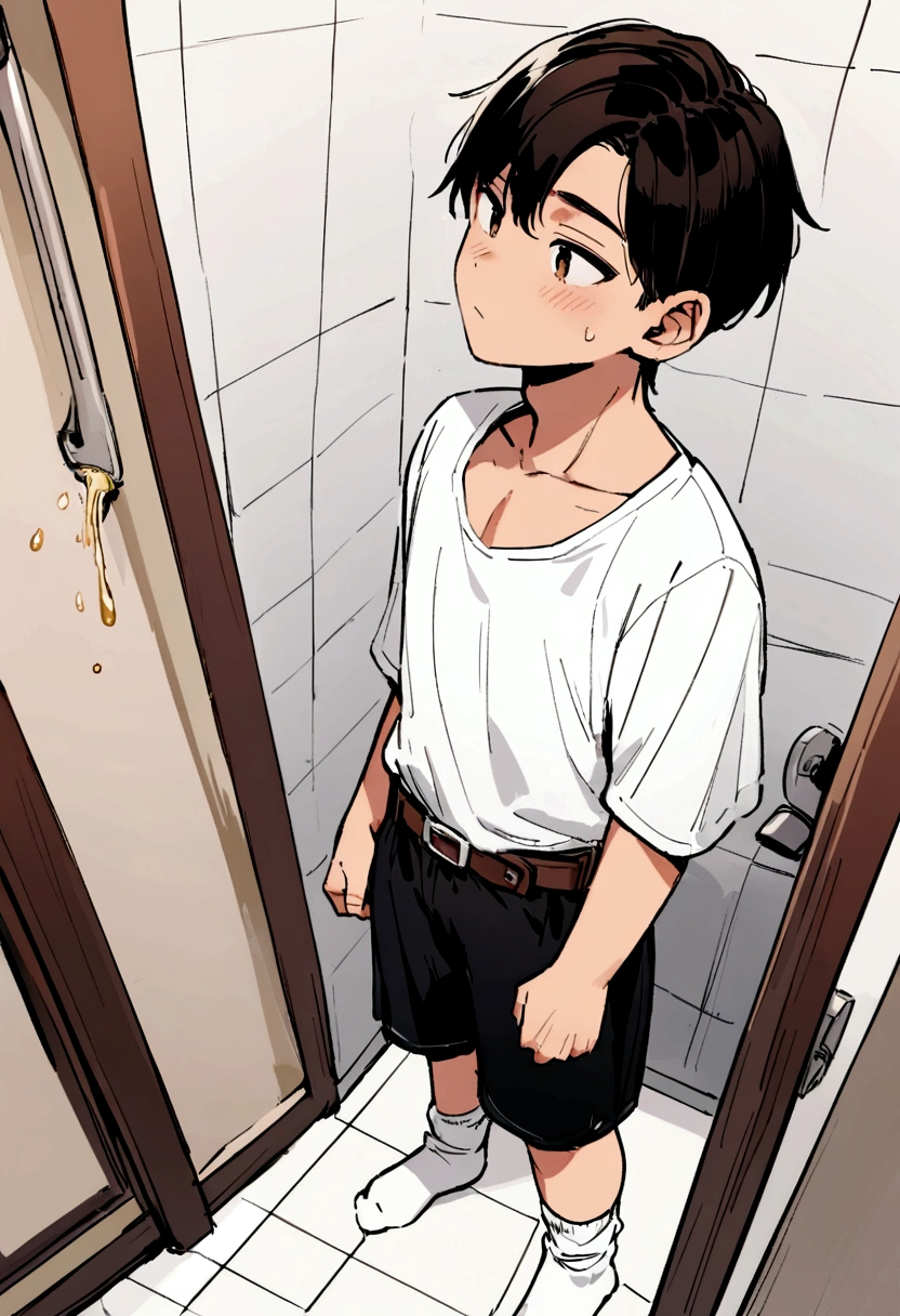 masuter piece，An ultra-high picture quality，Cute One Boy, smooth brown short hair，Sitting on the toilet seat of a Western-style toilet, No person, red blush