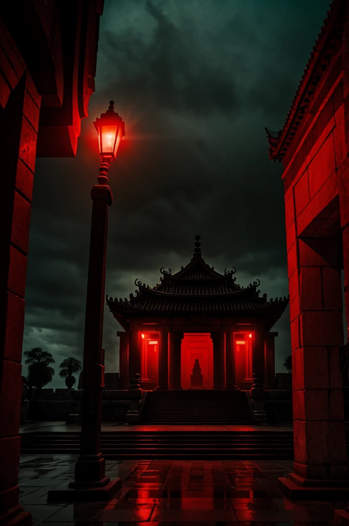 Create the image of a gloomy temple with red light