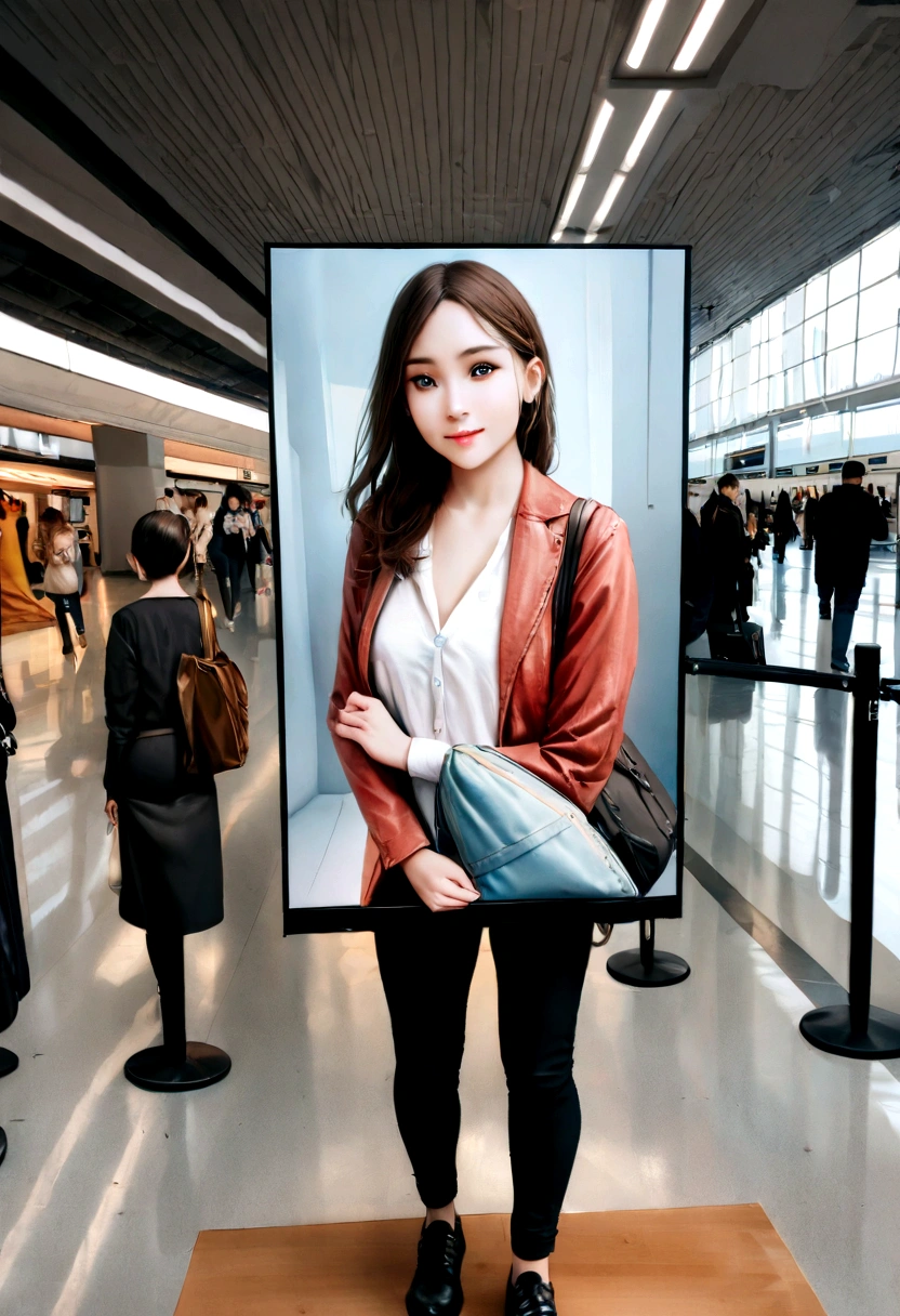 8K, best quality, head of'artwork, realistic, Ultra detailed, photo realistic, Augmenter la qualité,
une photo d'a girl standing in an airport with a bag in one hand and holding a suitcase in the other in the style of'un designer lumineux et gai, masse volumineuse, photobash, serene faces, irregular edges, marine, natural beauty, Photo en gros plan