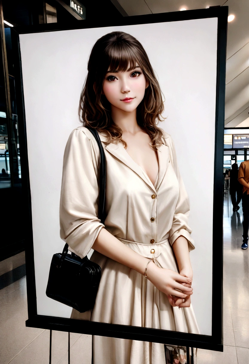 8K, best quality, head of'artwork, realistic, Ultra detailed, photo realistic, Augmenter la qualité,
une photo d'a girl standing in an airport with a bag in one hand and holding a suitcase in the other in the style of'un designer lumineux et gai, masse volumineuse, photobash, serene faces, irregular edges, marine, natural beauty, Photo en gros plan
