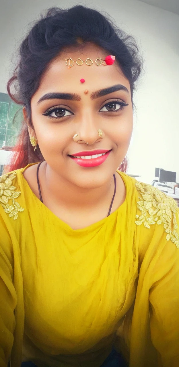 A man withIndian girl beautiful face with lipstick wear Indian dress full body pose in front of camera realistic masterpiece image