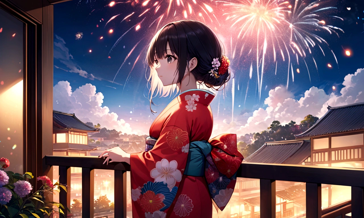 anime girl in kimono outfit watching fireworks display from balcony, firework, fireworks, [ fireworks in the sky ]!!, Beautiful anime artwork, Anime Style 4k, anime art wallpaper 4k, anime art wallpaper 4k, anime wallpaper 4k, anime wallpaper 4k, Beautiful anime art, fireworks in the background, In kimono, Anime-style artwork, not bring fireworks