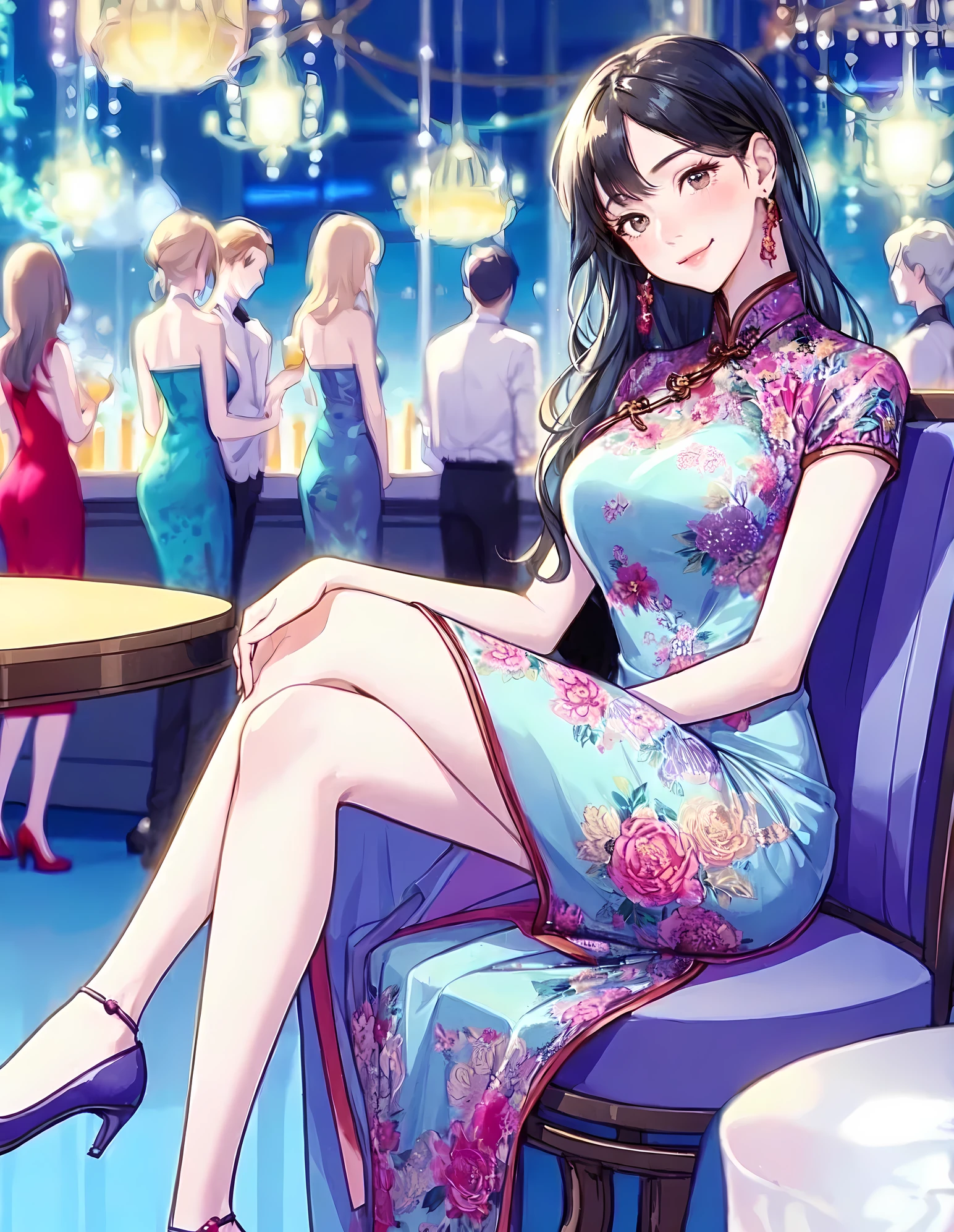 1lady solo, sitting, (elegant cheongsam) stylish floral, long hem, (mature female:0.8), /(navy hair/) bangs, blush kind smile, (masterpiece best quality:1.2) delicate illustration ultra-detailed, large breasts BREAK (luxury venue) indoors, detailed background