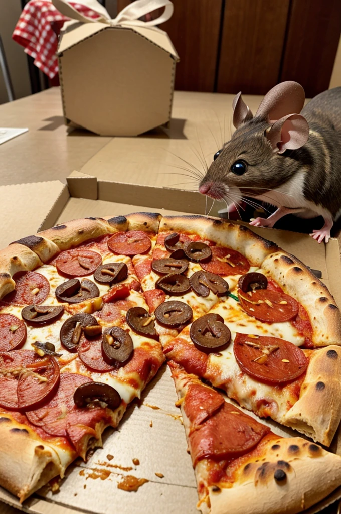 A mouse eating pizza