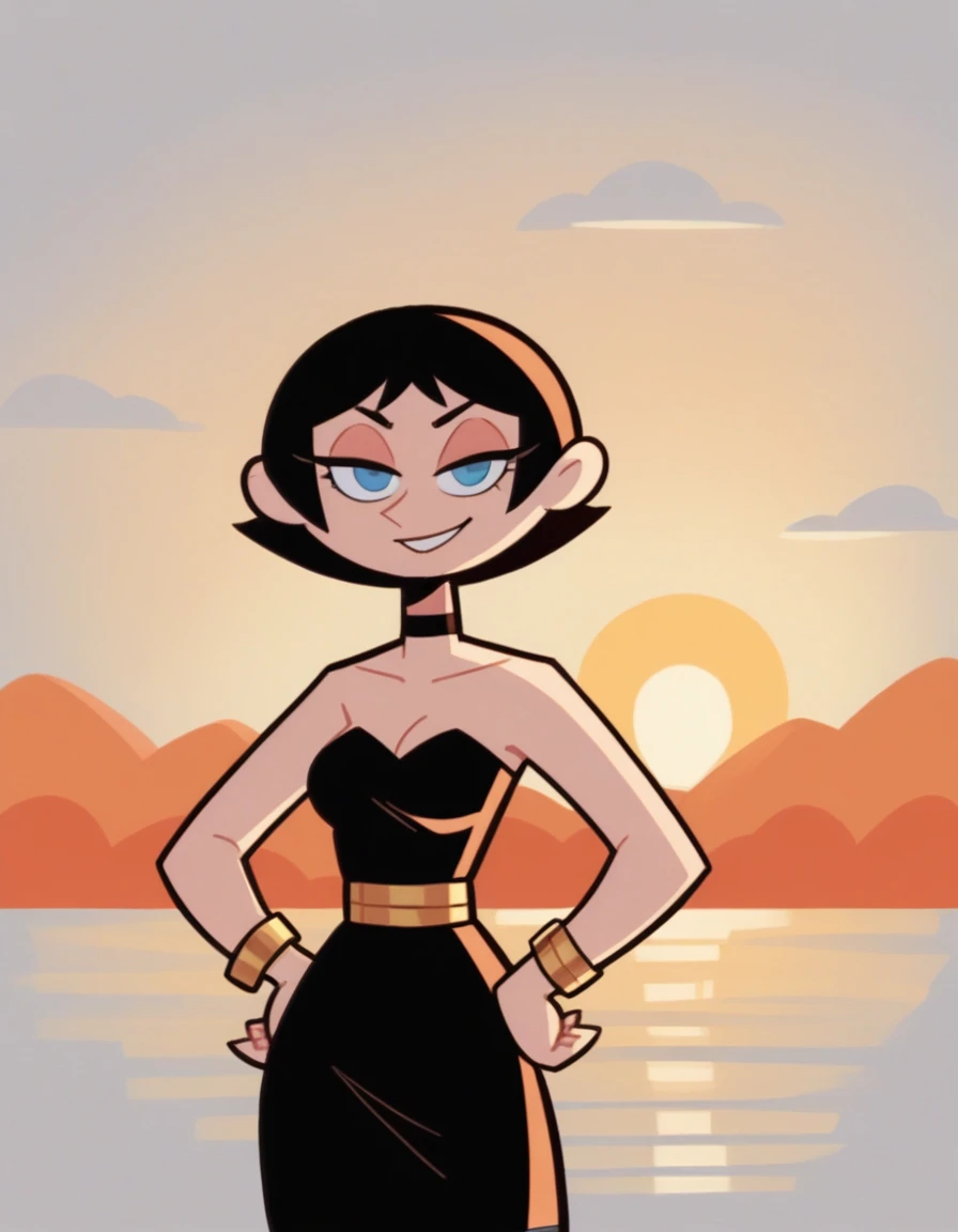 score_9, score_8_up, score_7_up, BREAK, 1girl, ke4n3PPG, short hair, black hair, hair bob, blue eyes, hands on hips, tilted waist, strapless black tube dress, black chocker, gold bracelets, a yellow sunset, seductive smile