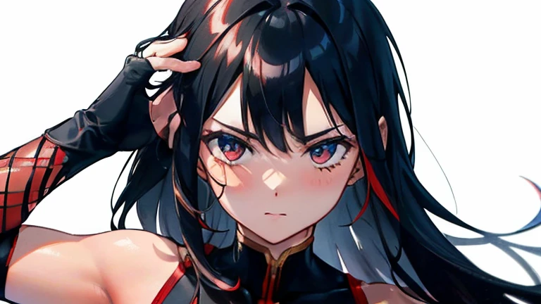 (best qualityer,4K,high resolution), 18 years old woman, Red Mesh Hair on Black Hair, Long and straight shiny hair, innocence,sharp eye、Eyes red、small-nose、eyeliner、 disheveled、Luxury black silk doll、 face、Place your index finger on your head、BNG、Comic appearance,comic strip,and souls,Illustrates??the deformed cute、Delicately expresses realistic skin texture、Reproduction of muscle texture、White and red contrasting background