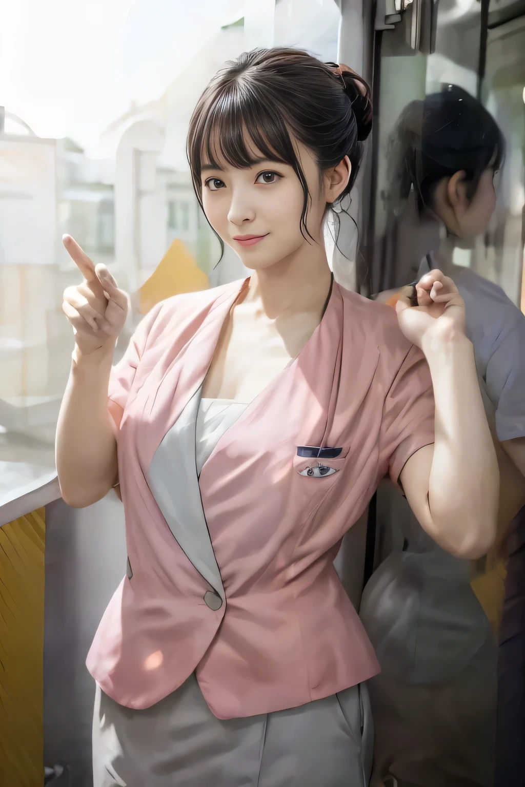 (masterpiece:1.2, Highest quality:1.2), 32k HDR, High resolution, (alone、1 girl)、 (Height: 160cm)、（On the rooftop of a building in the daytime、Professional Lighting）、Building rooftop background、（Nankai train crew uniform pinkを着たリアルスタイル）、（Nankai train crew uniform pink short sleeve collarless pink jacket、Nankai Train Crew Uniform Pink Collarless Short Sleeve Blouse、Nankai Train Crew Uniform Pink Grey Knee-length Culottes）、（The pink jacket is showing from the culottes.）、Dark brown hair、（Hair tied up、Hair tied up、Evening curly hairstyle）、Dark brown hair、Long Shot、Big Breasts、Thin legs、（（Great hands：2.0）），（（Harmonious body proportions：1.5）），（（Normal limbs：2.0）），（（Normal finger：2.0）），（（Delicate eyes：2.0）），（（Normal eyes：2.0））)、smile、（Nankai Train Crew Uniform Pink Grey Knee-length Culottesを見せた美しい歩く姿）、Place your hands around your stomach、Lanyard employee ID card