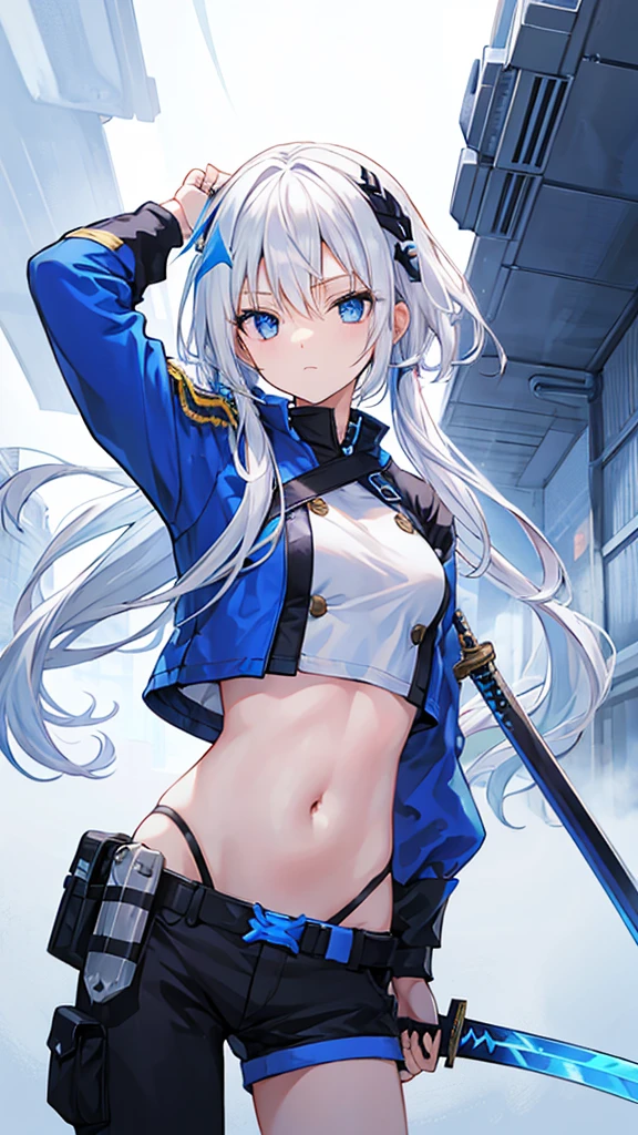 White hair,Blue streaked hair、navel、Combat Uniform、Sci-fi straight sword、Sci-fi hair accessories、
