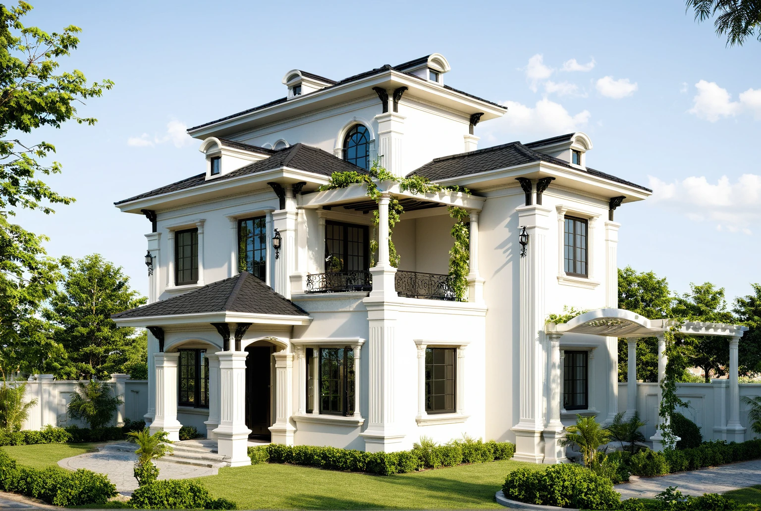 neoclassic house, exterior design, (white wall:1.3), Pair of Italian Neo-Classic Style White Railings, (hip and valley roof), Neoclassical design with complete detailed motifs, Neoclassical design completes the house with the most complete plan of facades and corners around the house, (emphasis on neo-white details), (reflection glass Tree shadow scattering), window, (focus on object), exterior design, perspective view, (white wall), (fence reverse lights), (Warm LED 4000k white tone, Clean and comfortable, timeless, making the space appear clear, (architectural design visualization), (focus on object), (material normal bump real reflection), (chao vantage software visualization render),(((Best Quality))), ((Masterpiece)), ((best illustration)), ((best shadows)), ((Super Detail)), (Intricate lines), (Photorealism),(hyper detail), ((archdaily)), ((award winning design)), (dynamic light), ((dawn sun light )), (perfect light), (shimering light), ((photorealistic)), ((intricate detail)), ((extreme detail)), ((crazy detail)), ((octane render)), ((trending on artstation)), ((High-fidelity)), ((Viwvid)), ((Crisp)), ((Eye-catching)), ((High-quality)),((Sharp)), (dawn sun environment)), ((Eye-catching)), ((Illuminating)), ((Flawless)), ((High-quality)),((Sharp edge render)), ((medium soft lighting)), ((photographic render)), ((detailed archviz)), ((reality environment)), (neoclassic house design architectural design facade), (neoclassic house facade roof design), (neoclassic house facade wall design), (neoclassic house facade decoration material design) (neoclassic house facade door and window design), (neoclassic house facade lighting design),  (Neoclassical house material design motif), (level of photo realism, depends on lighting, materials, composition, Real-Time Rendering, based on chao vantage timage rendering graphics software)