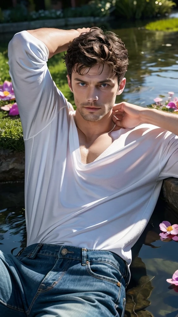 Jamie dornan, masterpiece, best quality, 1 male, adult, handsome, tall muscular guy, broad shoulders, finely detailed eyes and detailed face, extremely detailed CG unity 8k wallpaper, intricate details, The pond is filled with colorful flowers, A man lying on back comfortably in it, from directly above, white shirt, jeans, wet, colorful, artistic, depth of field