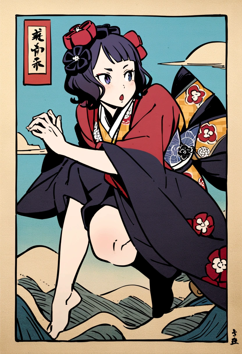 Akafuji、Blue sky、Katsushika Hokusai、high quality、high resolution、Ukiyo-e style、Girl climbing