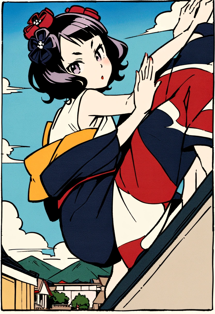 Akafuji、Blue sky、Katsushika Hokusai、high quality、high resolution、Ukiyo-e style、Girl climbing