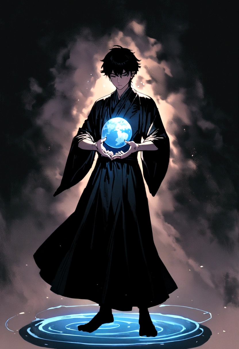 a young man who comes from Asia has a full body posture, has earth power that can come out of his hands, can control the earth, manipulate the earth, and wears a black robe