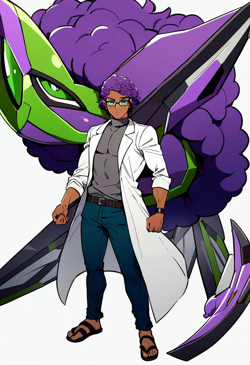 1man, 20s, strong body, latin, chin stubble, square face, tan skin, ((purple curly fluffy hair)), medium lenght hair, ((green eyes)), cool facial expression, (nice hands),  (grey turtleneck), lab coat, spectacles, jeans, sandals [pose with body turned in profile looking at viewer], determined facial expression, simple backgroun, accompanied by a Rayquaza 