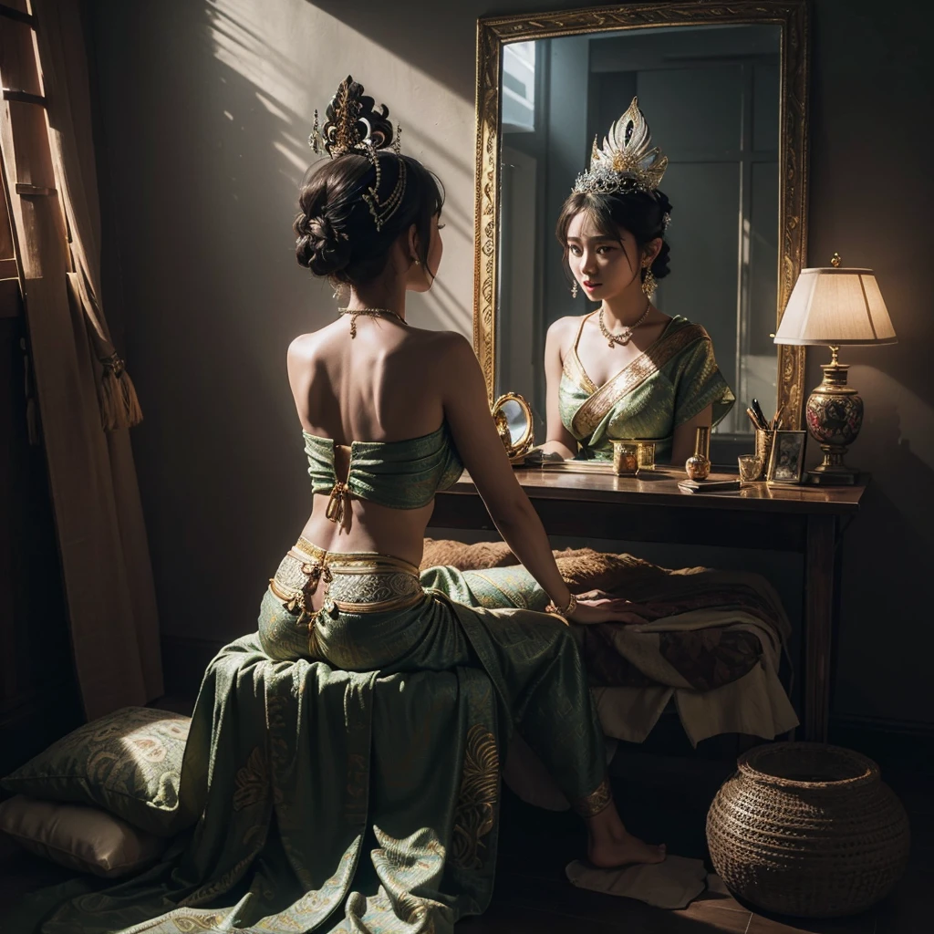 hyper realistic photography (((ultra detailed object))) shade backlight lighting treatment naturally, a girl wearing traditional bali`s pendet dancer clothes & batik sarong sit down looking at mirror ((there`s her reflection on mirror)) at her modest beauty desk (she is holding her traditional tiara) she is looking at the mirror preparing for her show performance, on her room at traditional indonesian home, show back of her body, dark dramatic mood, 1 source of light a tungsten lamp on the corner