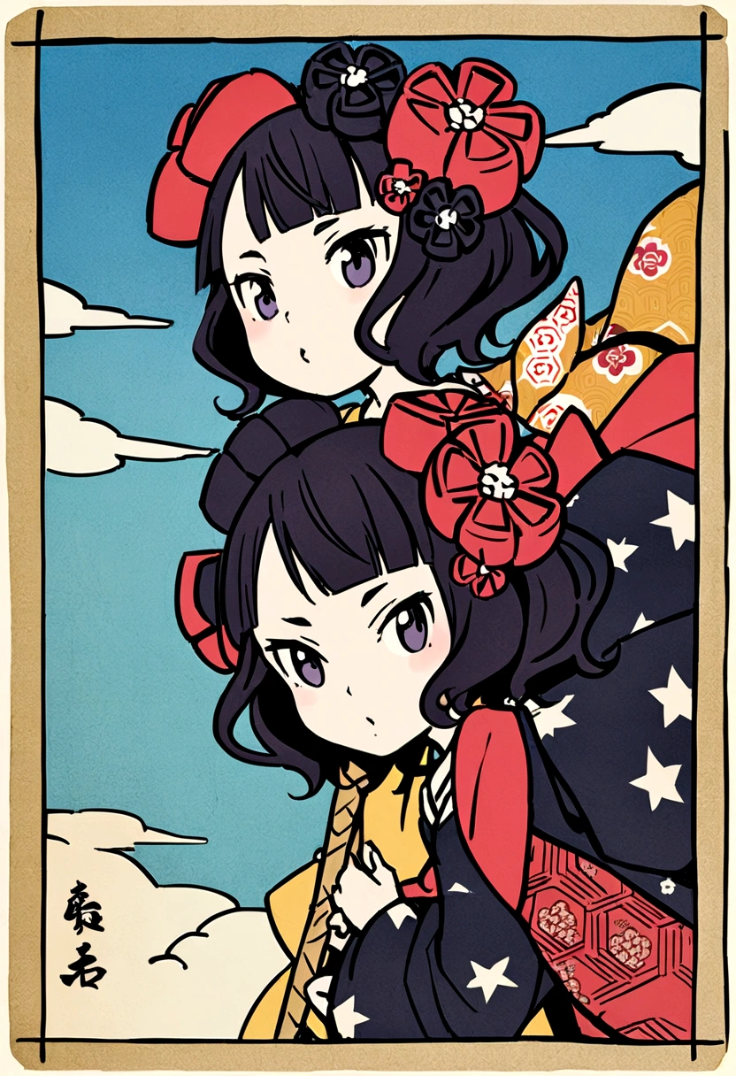 Akafuji、Blue sky、Katsushika Hokusai、high quality、high resolution、Ukiyo-e style、Girl climbing