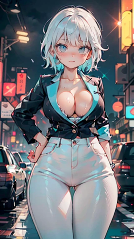 cute albino girl,(((1 girl))),((albino girl with extremely cute and beautiful White hair)),

(breasts small:1.4),(((White hair:1.35,colored inner hair,ear breathing,small White hair,tomboy haircut))),(((neon_aqua_eyeballs:1.3))),intricate eyeballs,beautiful detailed eyeballs,symmetrical eyeballs,((fatter)),(((pale skin,shining skin:1.5,shining skin: 1.5,shining skin,very shining skin,shinny body,plastic glitter skin,exaggerated shining skin,brightened skin,wet legs))),(spider lower abdomen,narrow waisted,wide hip,athletic body,inflated legs,body detailed,(face detailed)),

cute,slutty,seducer,Erotic,(((nsfw))),

(((wearing white formal blazer,White pants,))),(((huge cleavage))),((wetclothes,complex outfit,complex clothing)),

(dynamic pose:1.0),focus only,embarrased,(centred,scale to fit dimensions,rule of thirds),

cyberpunk city by the sea at night, with bright neon signs and dark stormy clouds and puddles, scenario:1.25,

artistic photography,(photograph taken by sldr),high resolution, sharp focus, (ultra detaild, extremely detaild), (photorealistic art:1.37),(extremely detaild CG unity 8k wallpaper),((tema de fundo synthwave)),(((swirly vibrant colors))),(intricate background),(work of art),(best qualityer)