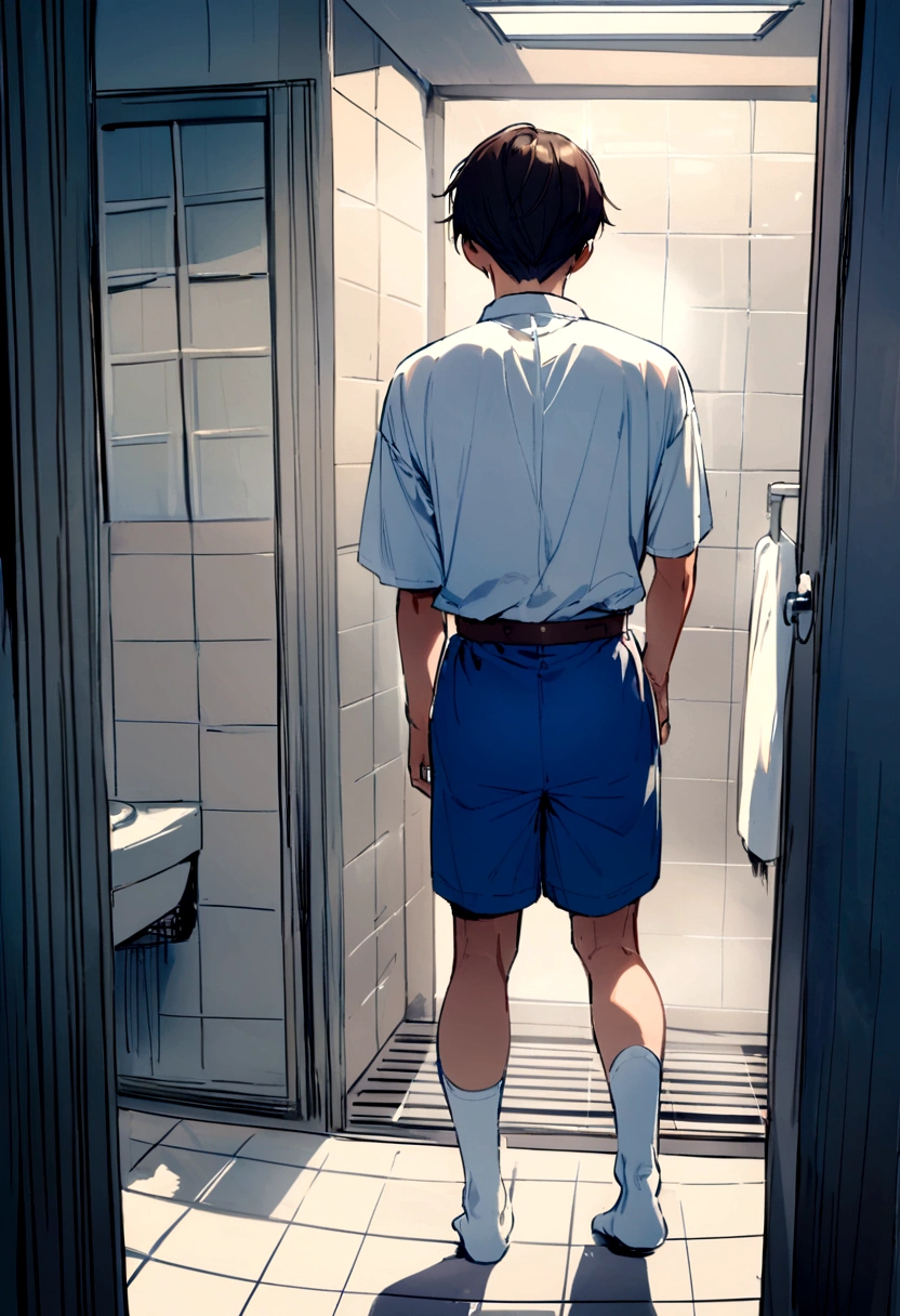 Thai men,Age 15,Wearing a plain white shirt,Wear plain blue shorts.,Wear a plain brown belt.,Wear white socks,stand,bathroom,alone,handsome