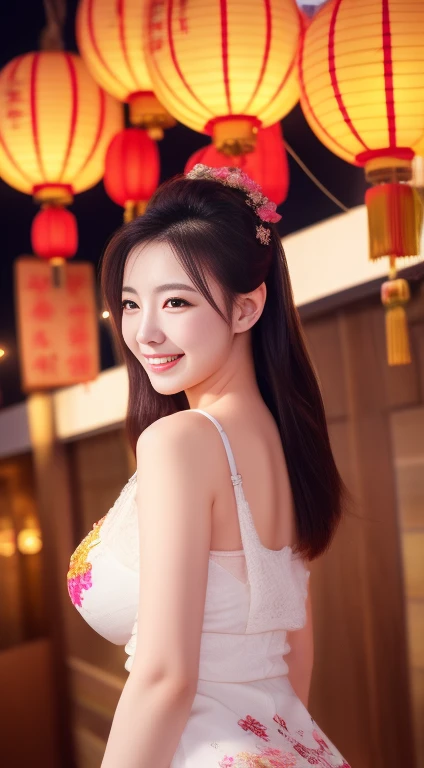 masutepiece,Best Quality,Very detailed 8k wallpaper,POV,Upper body,
1girl in,Front view,Qipao 1,Looking at Viewer,Clothes Cutout,white_Dress,Huge breasts,Night,light_Smile,
Chinese New Year,lantern,Fireworks,Chinese_Style_loft,