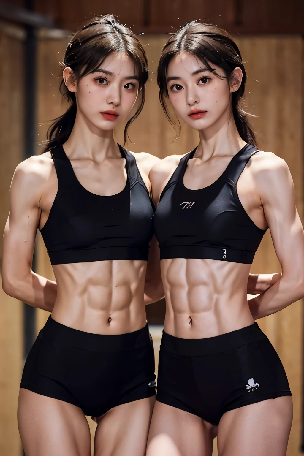((highest quality)), ((masterpiece)), (detailed), (Tabletop:1.0), (highest quality:1.4), (High resolution:1.2), (Realistic:1.4),8K, RAW Photos:1.2,all focus:1.4,(TWO 18-year-old Japanese personal trainer with a slightly round face and very small breasts:1.3),(Fair, shiny, detailed skin:1.46),((short black hair tied up:1.28)),(two ladies with different faces and hair style:1.33),(two ladies with different Design uniform:1.3),((TWO girls Cowboy shot from front:1.7,dynamic pose:1.5)),(((A thin, Lycra metallic shiny training wear sporty line design:1.24, that was super tight and short and clung to her very small breasts:1.4))),((Very small breasts:1.95))), ((A well-trained, slender body:1.7)),(((Very fine abdominal muscles:1.83))),(Short torso:1.4),(Narrow waist:1.4),(Small Ass:1.2),(Muscular limbs:1.25),(Very thin thighs:1.4),(hip bones visible:1.4),((Central composition:1.4)),((The background is Bright トレーニングgym:1.33)),((They both have visible abs:1.6))