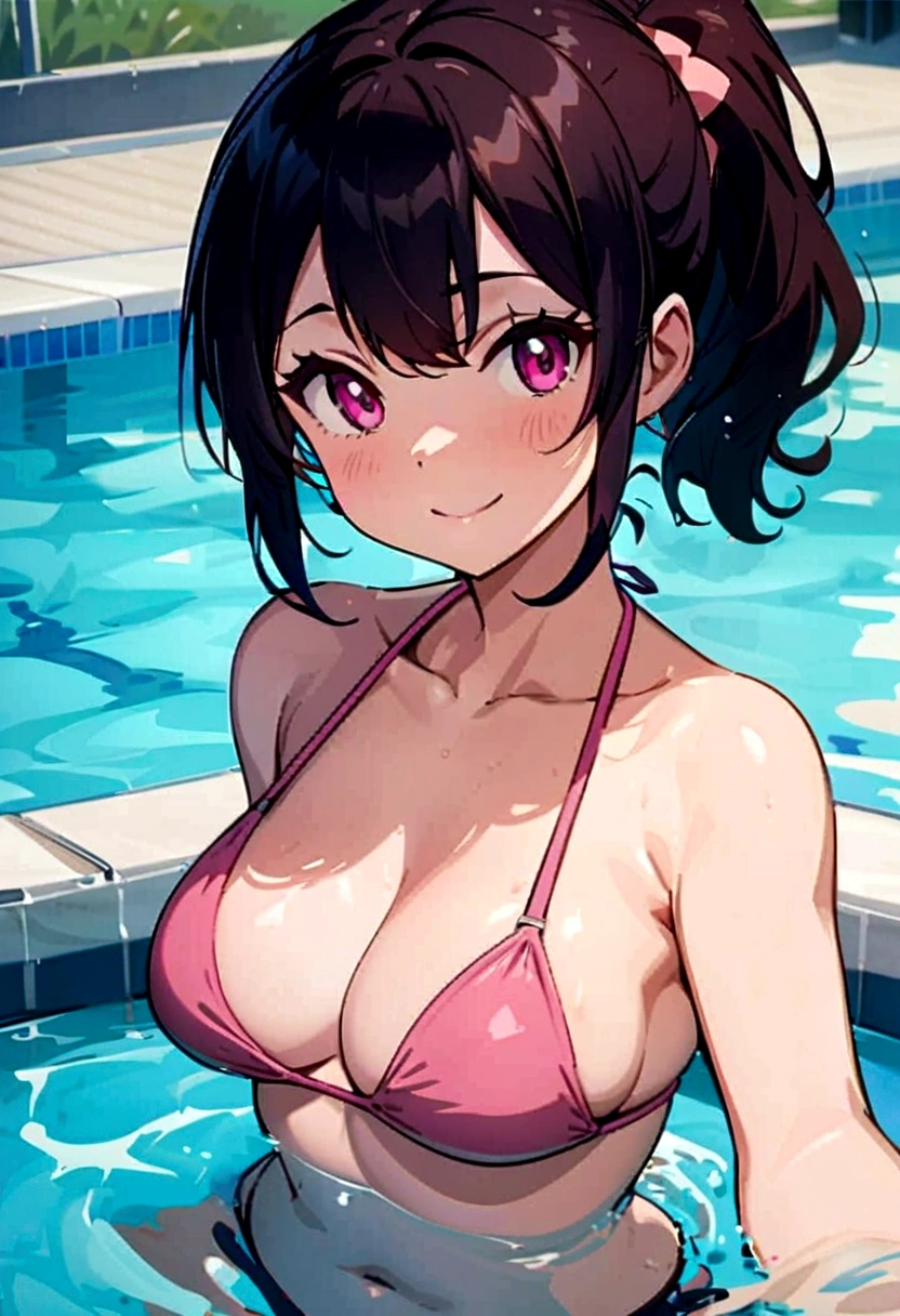 anime in a bikini in a pool, swimsuit wear, extremely detaild, anime style