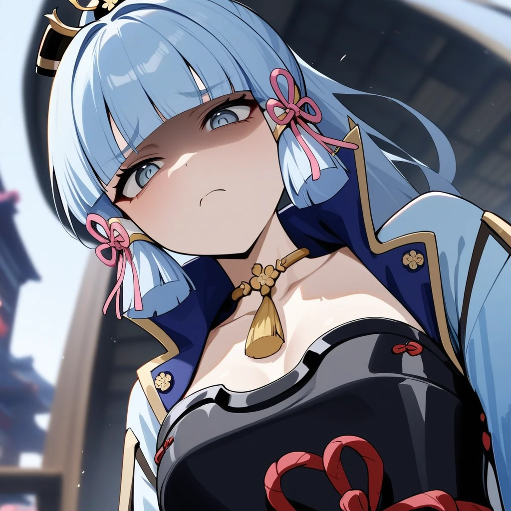 masterpiece, best quality, very aesthetic, absurdres, newest,1girl,upper body, from below, (contempt, disgust,shaded face,looking at viewer,frown),
Kamisato Ayaka,Kamisato Ayaka(genshin impact), light blue hair, blunt bangs, a small gold ornament, grey eyes, pony tail , medium breasts, blue Japanese clothes, obi, white socks