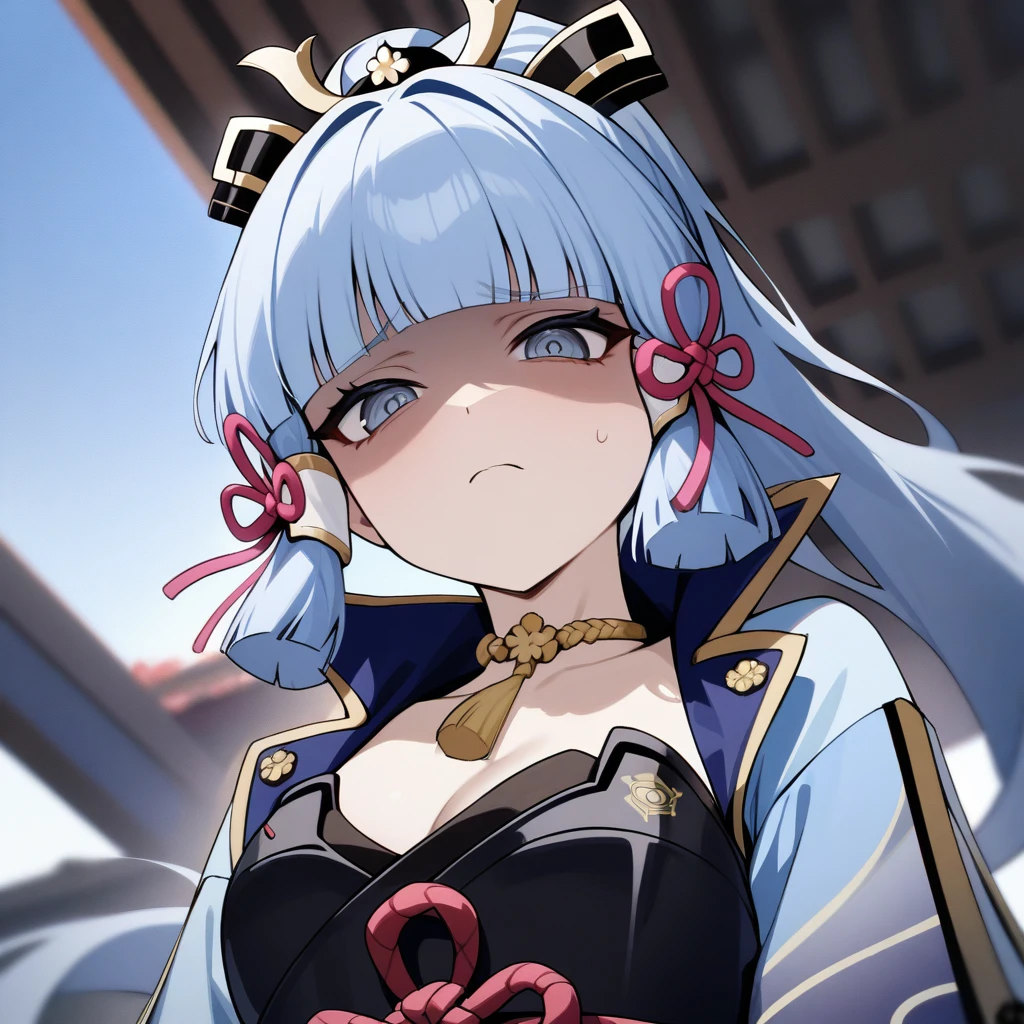 masterpiece, best quality, very aesthetic, absurdres, newest,1girl,upper body, from below, (contempt, disgust,shaded face,looking at viewer,frown),
Kamisato Ayaka,Kamisato Ayaka(genshin impact), light blue hair, blunt bangs, a small gold ornament, grey eyes, pony tail , medium breasts, blue Japanese clothes, obi, white socks