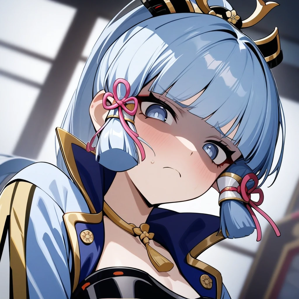 masterpiece, best quality, very aesthetic, absurdres, newest,1girl,upper body, from below, (contempt, disgust,shaded face,looking at viewer,frown),
Kamisato Ayaka,Kamisato Ayaka(genshin impact), light blue hair, blunt bangs, a small gold ornament, grey eyes, pony tail , medium breasts, blue Japanese clothes, obi, white socks
