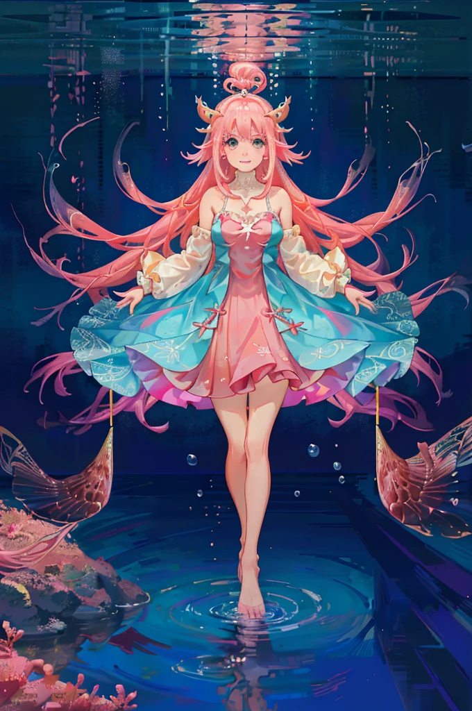 ((best quality)), ((masterpiece)), (detailed), 1 girl, anime girl, ((axolotl girl)), monster girl, blush, gentle smile, pink hair, princess dress, flowing dress, exposed shoulders, underwater background, full body, large breasts, floating pose, teal eyes, beautiful, ((intricate outfit)), ((absurdres)), front view, offering hand, axolotl, thick thighs