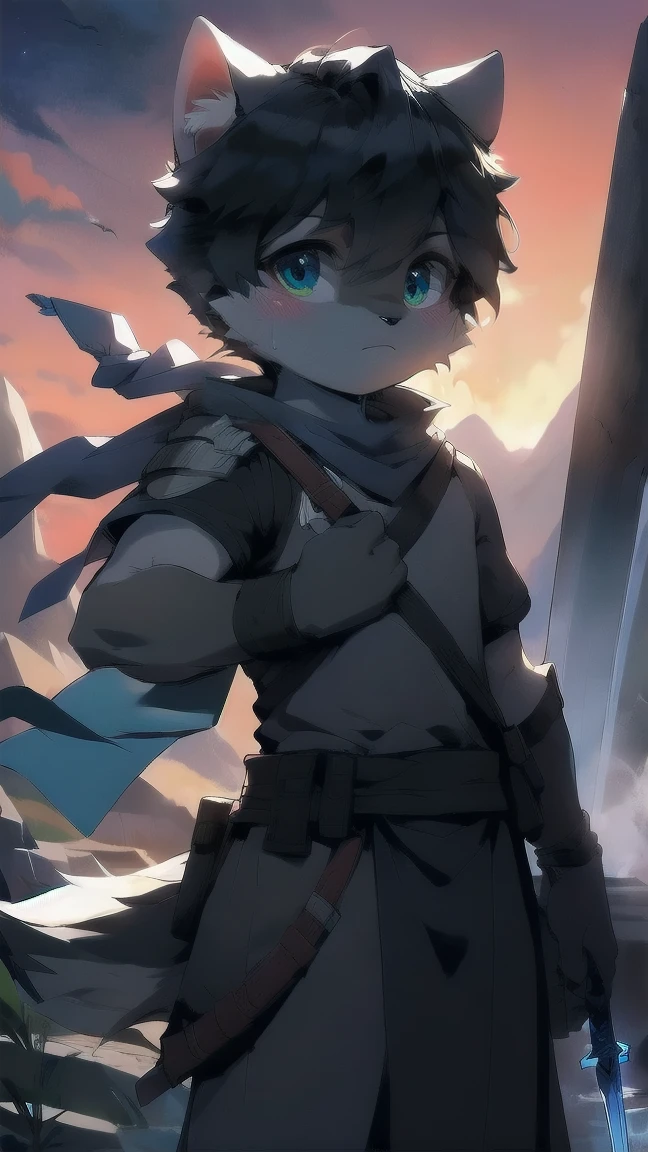 White wolf,juvenile,male,Gray-black fur,black hair Sky blue eyes,Ancient combat uniform,scarf,Holding a long sword,Scabbard back,permanent,The only one,dawn,illumination,Break