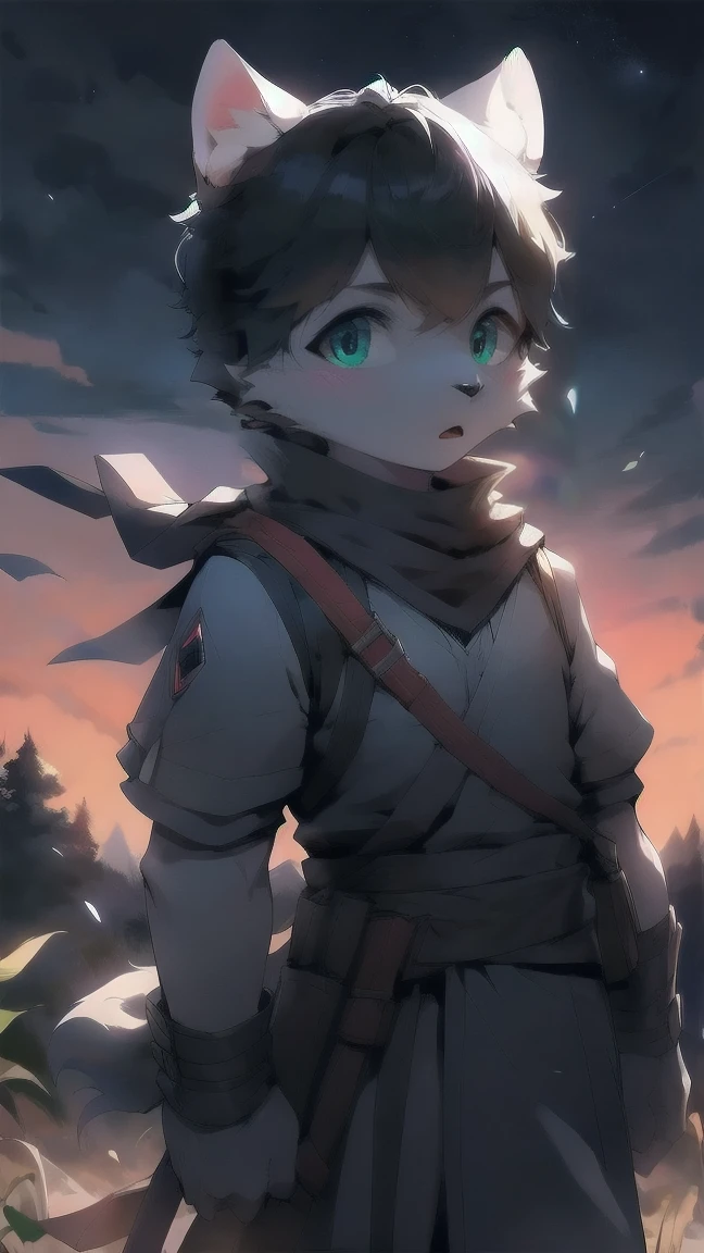 White wolf,juvenile,male,Gray-black fur,black hair Sky blue eyes,Ancient combat uniform,scarf,Holding a long sword,Scabbard back,permanent,The only one,dawn,illumination,Break