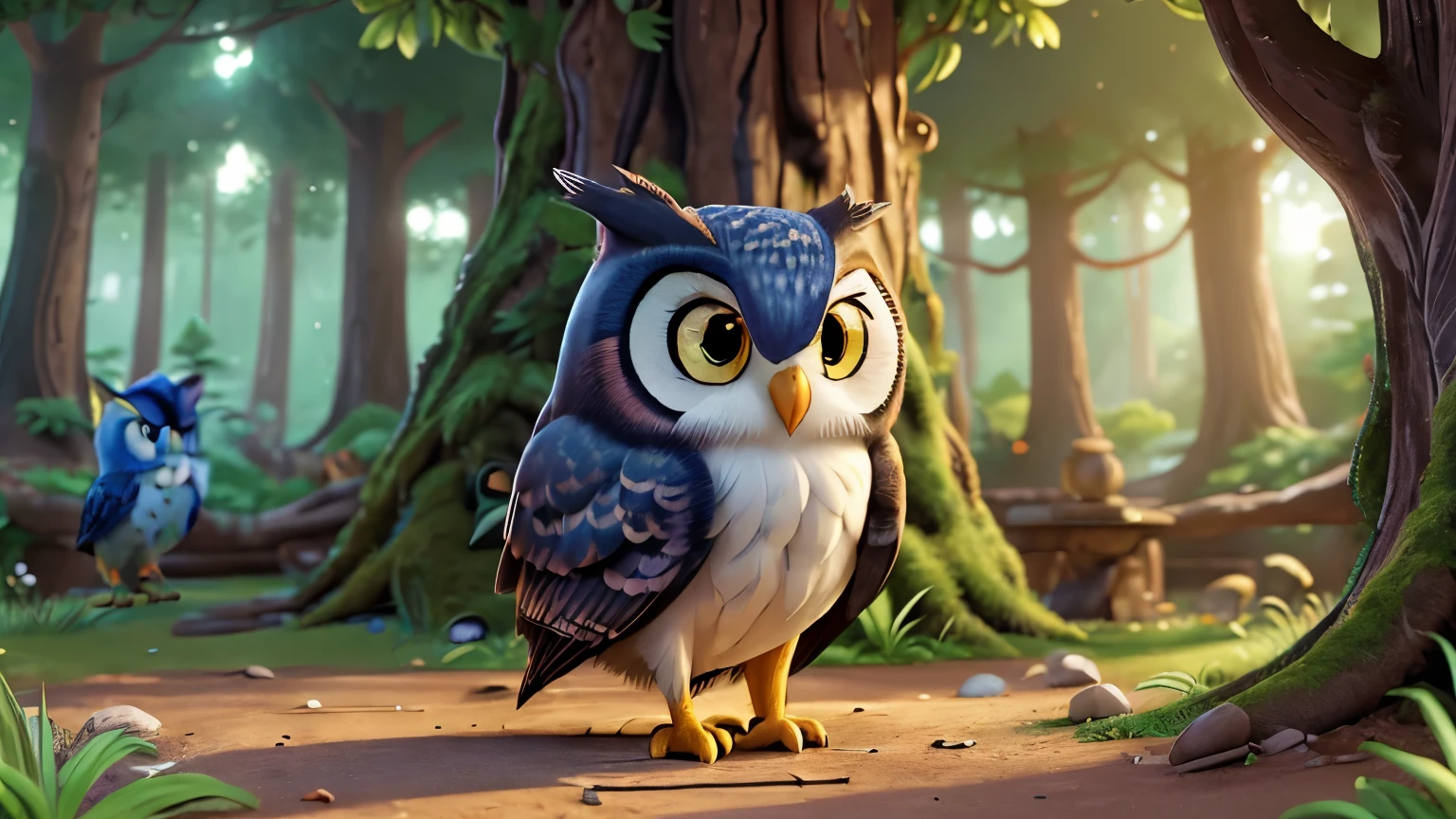 A highly detailed and intricate cartoon-style image of LUNA, a wise and observant owl, in a Pixar-like setting. The scene shows LUNA and Bento exploring a vibrant forest. The background features a lush, colorful landscape with tall talking trees, blooming flowers, and sparkling streams. The lighting is warm and inviting, highlighting the surrounding nature. (((intricate details))), (((best quality))), (((extreme quality of details))), (((complex composition)))