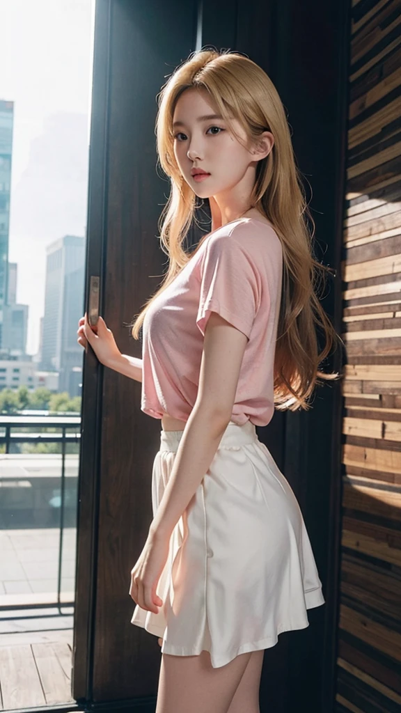 masterpiece, ultra high res, (photorealistic:1.4), 8k, RAW photo, best quality, detailed shadow, sharp focus, bloom, (bokeh:1.3), (blue Hour Light:1.6), (dynamic pose:1.4), (Looking back:1.1), (back shot,ass,butt up), BREAK 1girl, (small breast:1.5), (round face:1.5), (light pink hair:1.5), (long hair:1.3), (wavy hair:1), (bangs:1.5), (fair skin:1.5), (transparent skin:1.5), (narrow weist:1.8), wide forehead, (skinny:1.2), ((towering:1.8)), (towering:1.5), (18 years old:1.5), (detailed and structured patterns:1.5), (tight Japanese Gym Uniform:1.8), (tight black buruma:1.8), (latex:1.6), (Futuristic locker room:1.4), (locker room:1.4),round breasts