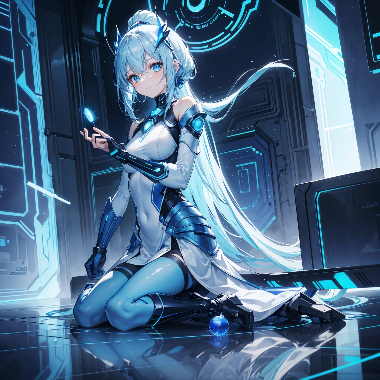 8k, Highest quality, (real:1.4), Original photo, 1 girl, Asari Hair, Biological Amplifier, Very sleek and futuristic armor, posture: Peace talks between warring factions,,attention arousal, smart blue eyes,A modest smile,Knee-high boots,Patent-look blue tights,Blue big moon and blue light swirl in the background,Blue light from behind,blue light magic,A small, glowing blue ball in the palm of your hand,Blue flame swirl,Blue Comet,Polished floor,