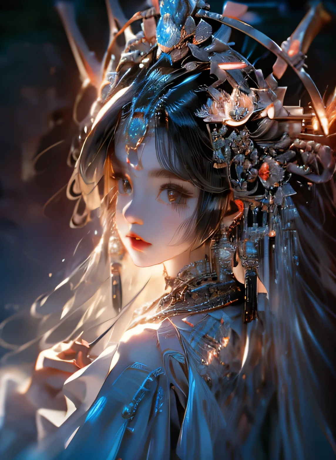 a beautiful flawless lady with horns, hyper detailed, ethereal, glowing skin, porcelain skin, intricate facial features, long eyelashes, piercing eyes, delicate lips, flowing white hair, ornate headdress, under a full moon, moonlight glow, fantasy, cinematic lighting, dramatic shadows, mist, ethereal atmosphere, mystical, dreamlike, highly detailed, 8k, photorealistic, masterpiece