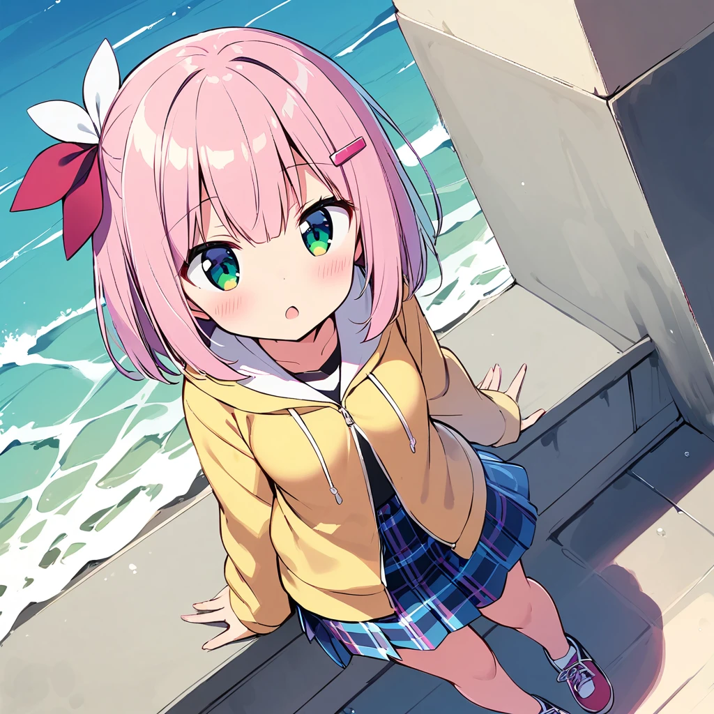 ((madhikado mazoku,chiyoda momo,1girl,solo,pink hair,hairclip,hair ornament,green eyes,medium hair,small breasts,,yellow hoodie over ,plaid skirt,blue skirt,red ribbon,pink hair clip,bob cut)), from above, Standing on the surface of the sea, 1 girl, light blush, black Clothes, blue sea, absurdres, highres,