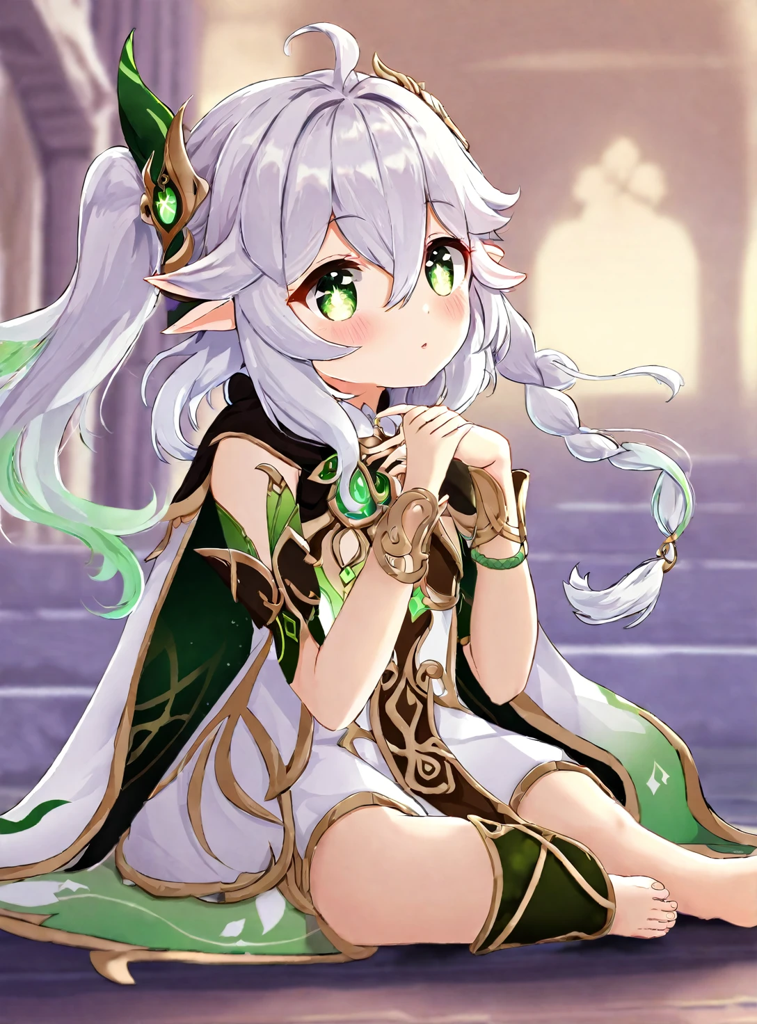 1girl, elf, bangs, blurry, bracelet, braid, cape, depth of field, detached sleeves, dress, gradient hair, green eyes, hair between eyes, hair ornament, jewelry, long hair, looking away, looking up, multicolored hair, nahida \(genshin impact\) , pointy ears, short sleeves, side ponytail, sidelocks, single braid, sitting, solo, stirrup legwear, symbol-shaped pupils, toeless legwear, toes, viewfinder, wariza, white dress, white hair