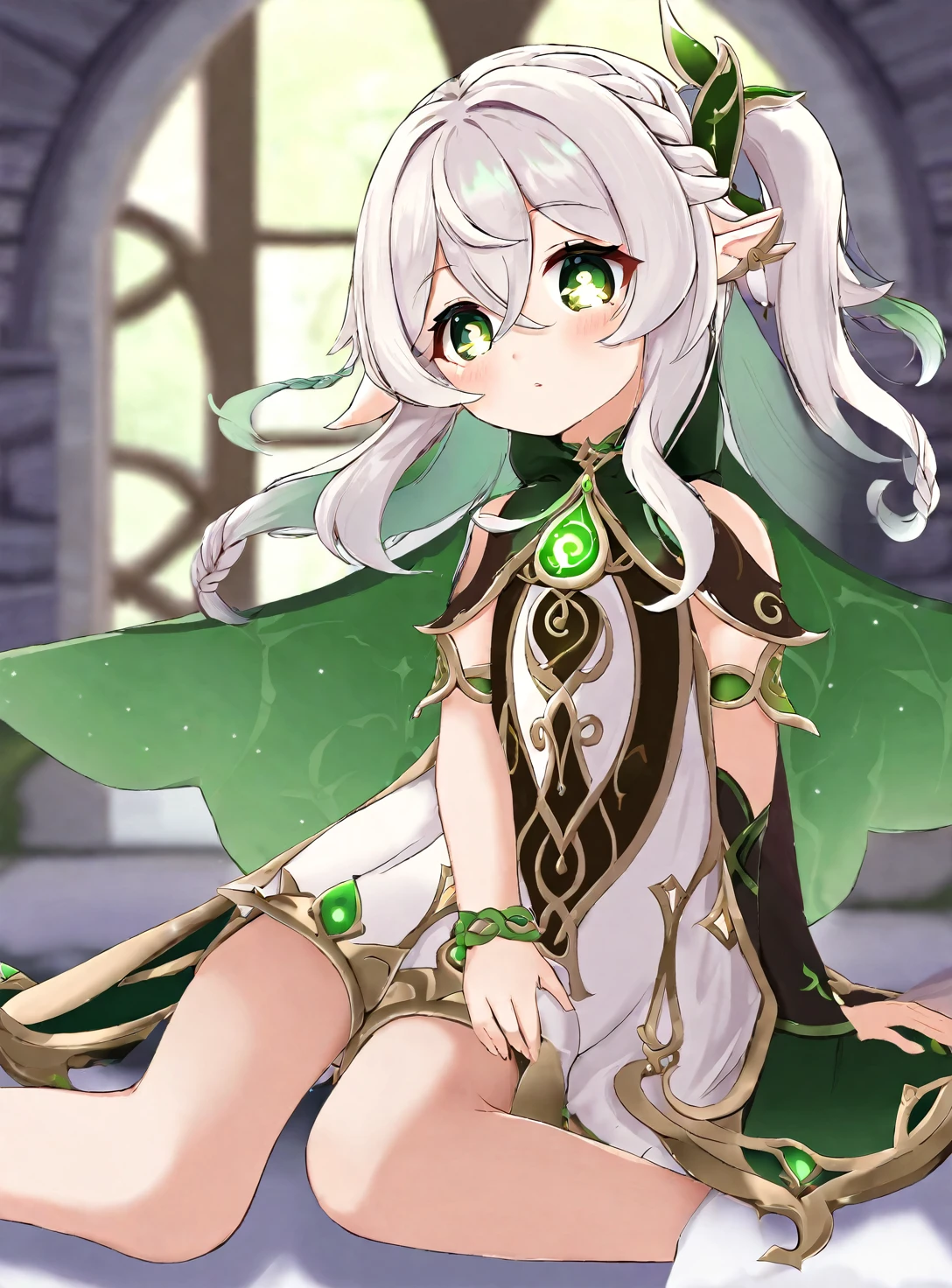 1girl, elf, bangs, blurry, bracelet, braid, cape, depth of field, detached sleeves, dress, gradient hair, green eyes, hair between eyes, hair ornament, jewelry, long hair, looking away, looking up, multicolored hair, nahida \(genshin impact\) , pointy ears, short sleeves, side ponytail, sidelocks, single braid, sitting, solo, stirrup legwear, symbol-shaped pupils, toeless legwear, toes, viewfinder, wariza, white dress, white hair
