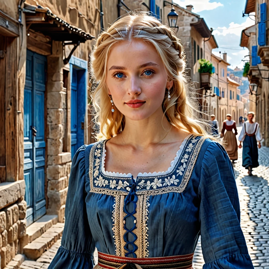 best quality, masterpiece, realistic photo, intricate details, raw photo, ultra detailed, old fashioned young woman, with peasant style dress, no necklines, blonde hair, perfect detailed and blue eyes, walking in an old city, HD quality, 8K, young woman,